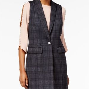 NY Collection Sleeveless Gray & Black Plaid Shawl Collar Ponte Vest Size Large